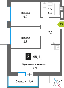 Планировка 2 комн. в ЖК Никольский квартал Отрада