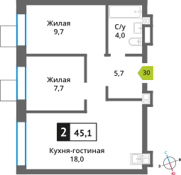Планировка 2 комн. в ЖК Никольский квартал Отрада