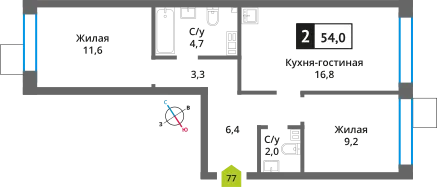 Планировка 2 комн. в ЖК Никольский квартал Отрада