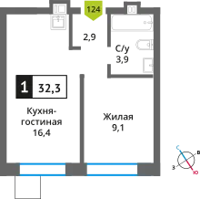 Планировка 1 комн. в ЖК Никольский квартал Отрада