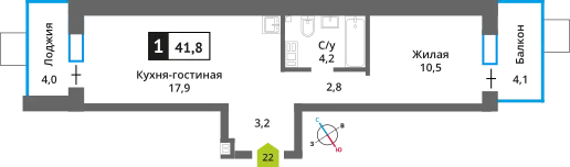 Планировка 1 комн. в ЖК Никольский квартал Отрада