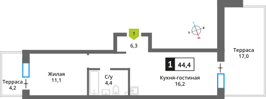 Планировка 1 комн. в ЖК Никольский квартал Отрада