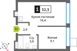 Планировка 1 комн. в ЖК Никольский квартал Отрада