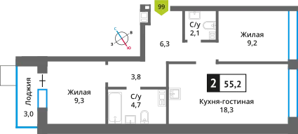 Планировка 2 комн. в ЖК Никольский квартал Отрада