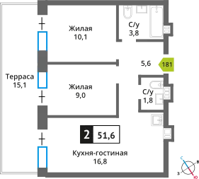 Планировка 2 комн. в ЖК Никольский квартал Отрада