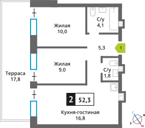 Планировка 2 комн. в ЖК Никольский квартал Отрада