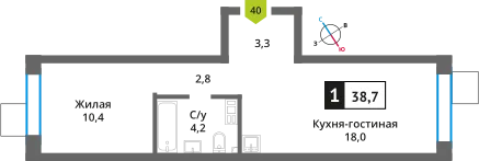 Планировка 1 комн. в ЖК Никольский квартал Отрада
