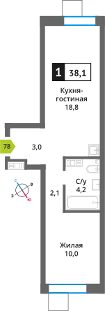Планировка 1 комн. в ЖК Никольский квартал Отрада