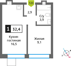 Планировка 1 комн. в ЖК Никольский квартал Отрада