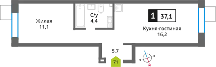 Планировка 1 комн. в ЖК Никольский квартал Отрада