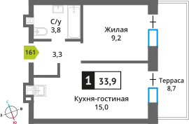 Планировка 1 комн. в ЖК Никольский квартал Отрада