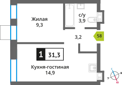 Планировка 1 комн. в ЖК Никольский квартал Отрада