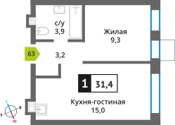Планировка 1 комн. в ЖК Никольский квартал Отрада