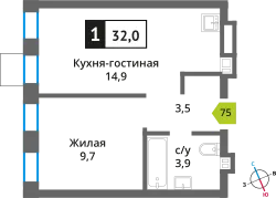 Планировка 1 комн. в ЖК Никольский квартал Отрада