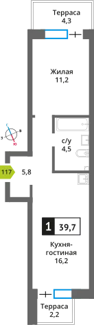 Планировка 1 комн. в ЖК Никольский квартал Отрада