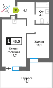 Планировка 1 комн. в ЖК Никольский квартал Отрада