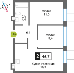 Планировка 2 комн. в ЖК Никольский квартал Отрада