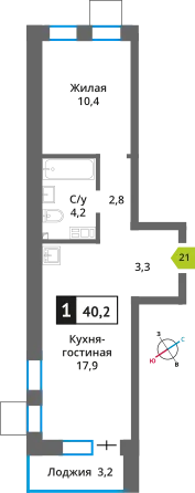 Планировка 1 комн. в ЖК Никольский квартал Отрада