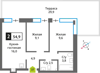 Планировка 2 комн. в ЖК Никольский квартал Отрада