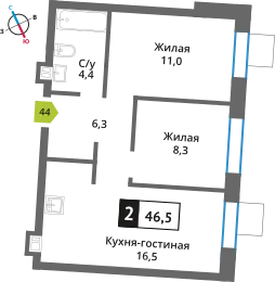 Планировка 2 комн. в ЖК Никольский квартал Отрада