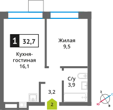 Планировка 1 комн. в ЖК Никольский квартал Отрада