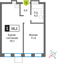 Планировка 1 комн. в ЖК Никольский квартал Отрада