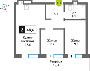Планировка 2 комн. в ЖК Никольский квартал Отрада