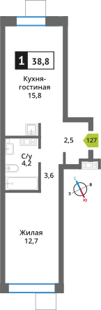 Планировка 1 комн. в ЖК Никольский квартал Отрада