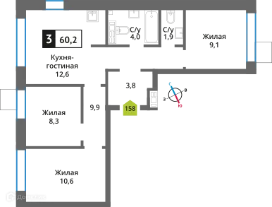 Планировка 3 комн. в ЖК Никольский квартал Отрада