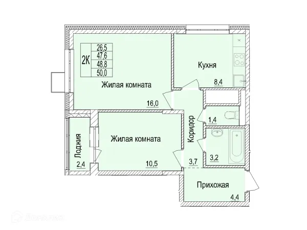 Планировка 2 комн. в ЖК Отрадный