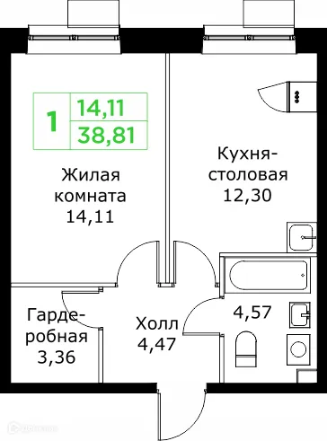Планировка 1 комн. в ЖК КИТ 2