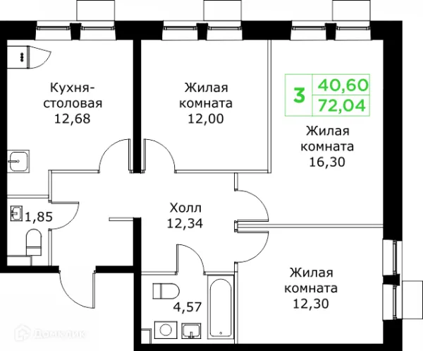 Планировка 3 комн. в ЖК КИТ 2