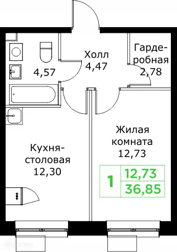 Планировка 1 комн. в ЖК КИТ 2