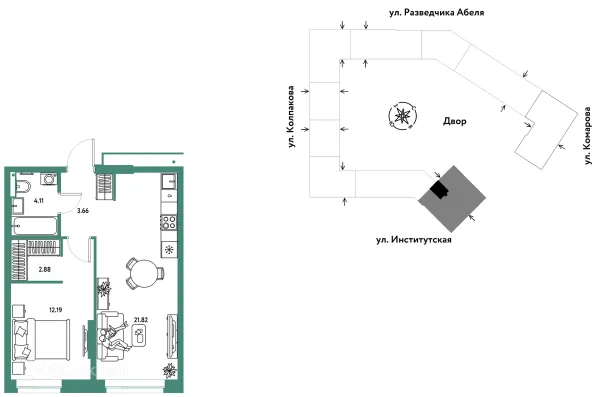 Планировка 2 комн. в ЖК Страна.Парковая