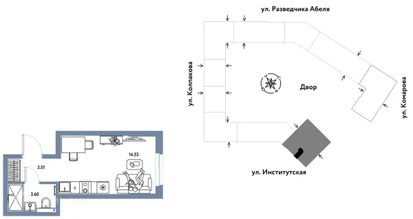 Планировка 1 комн. в ЖК Страна.Парковая