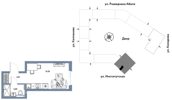Планировка 1 комн. в ЖК Страна.Парковая