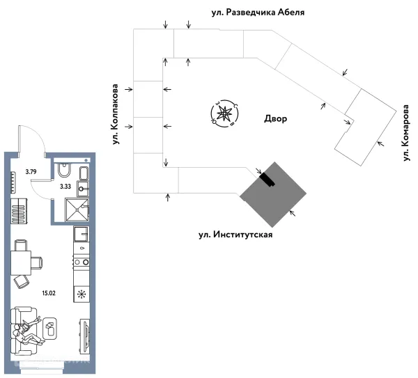 Планировка 1 комн. в ЖК Страна.Парковая