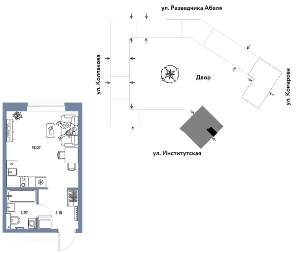 Планировка 1 комн. в ЖК Страна.Парковая
