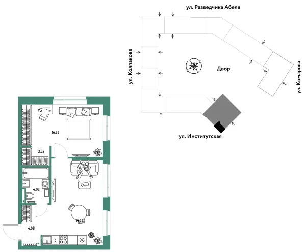 Планировка 2 комн. в ЖК Страна.Парковая