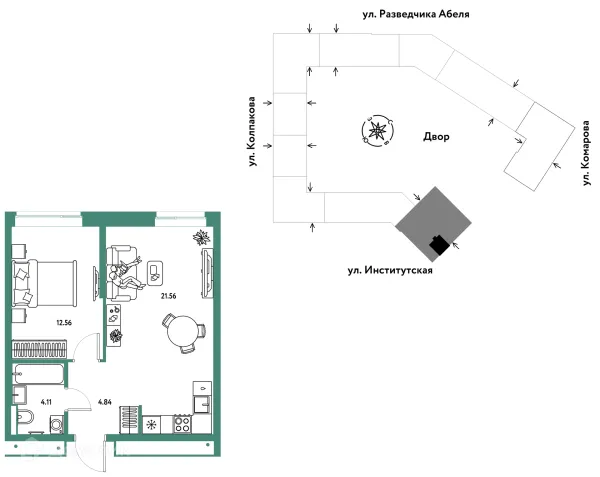 Планировка 2 комн. в ЖК Страна.Парковая