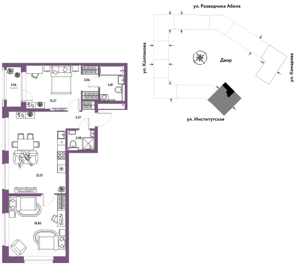 Планировка 3 комн. в ЖК Страна.Парковая