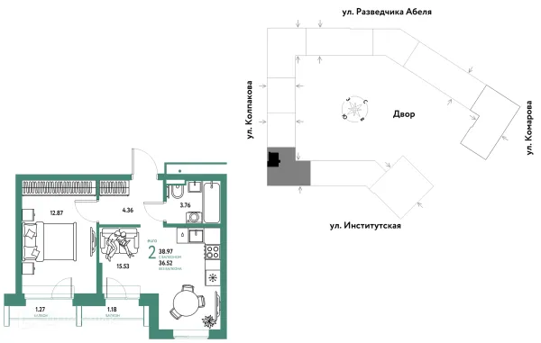 Планировка 2 комн. в ЖК Страна.Парковая