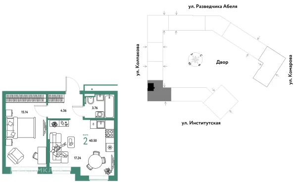 Планировка 2 комн. в ЖК Страна.Парковая