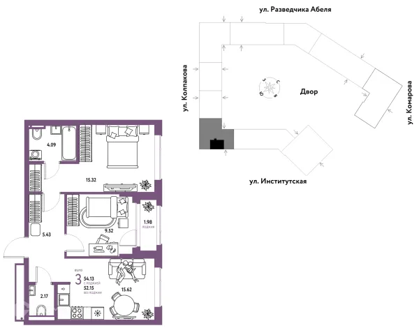 Планировка 3 комн. в ЖК Страна.Парковая