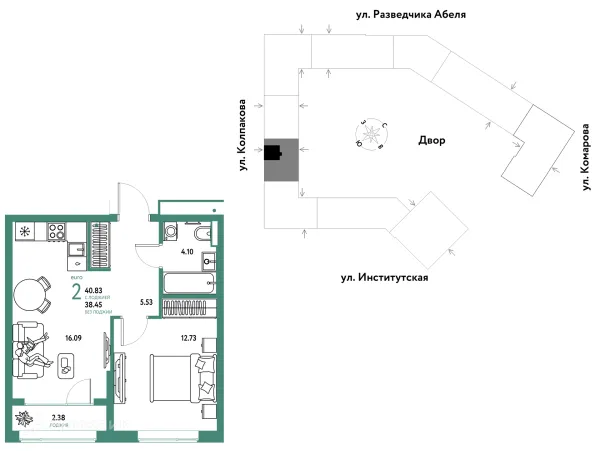 Планировка 2 комн. в ЖК Страна.Парковая