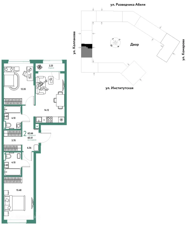 Планировка 2 комн. в ЖК Страна.Парковая