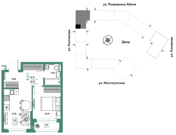 Планировка 2 комн. в ЖК Страна.Парковая