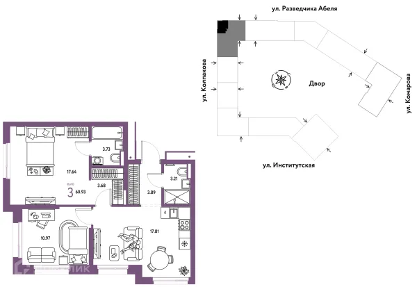 Планировка 3 комн. в ЖК Страна.Парковая