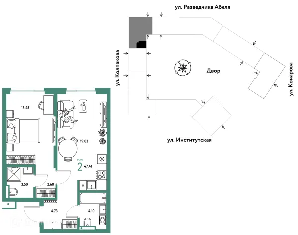 Планировка 2 комн. в ЖК Страна.Парковая