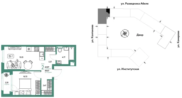 Планировка 2 комн. в ЖК Страна.Парковая